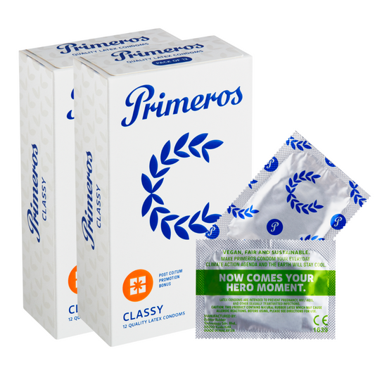 AKCE 1+1 ZDARMA Primeros Classy Vegan Kondomy S Rozšířeným Anatomickým Tvarem 2x12