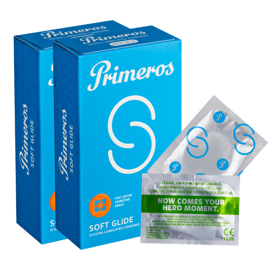 AKCE 1+1 ZDARMA Primeros Soft Glide Vegan Kondomy Se Zvýšenou Dávkou Lubrikace 2x12