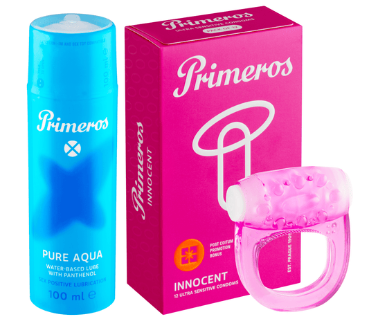 Primeros lubrikant Pure Aqua, kondómy Innocent a vibračný krúžok ako darček zadarmo