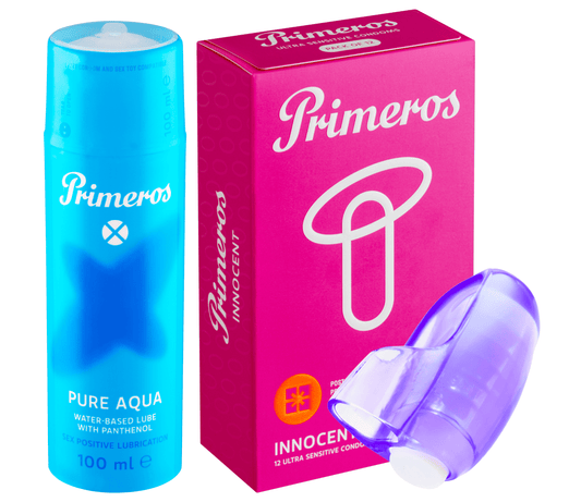 Primeros lubrikant Pure Aqua, kondómy Innocent a vibračný náprstok ako darček zadarmo